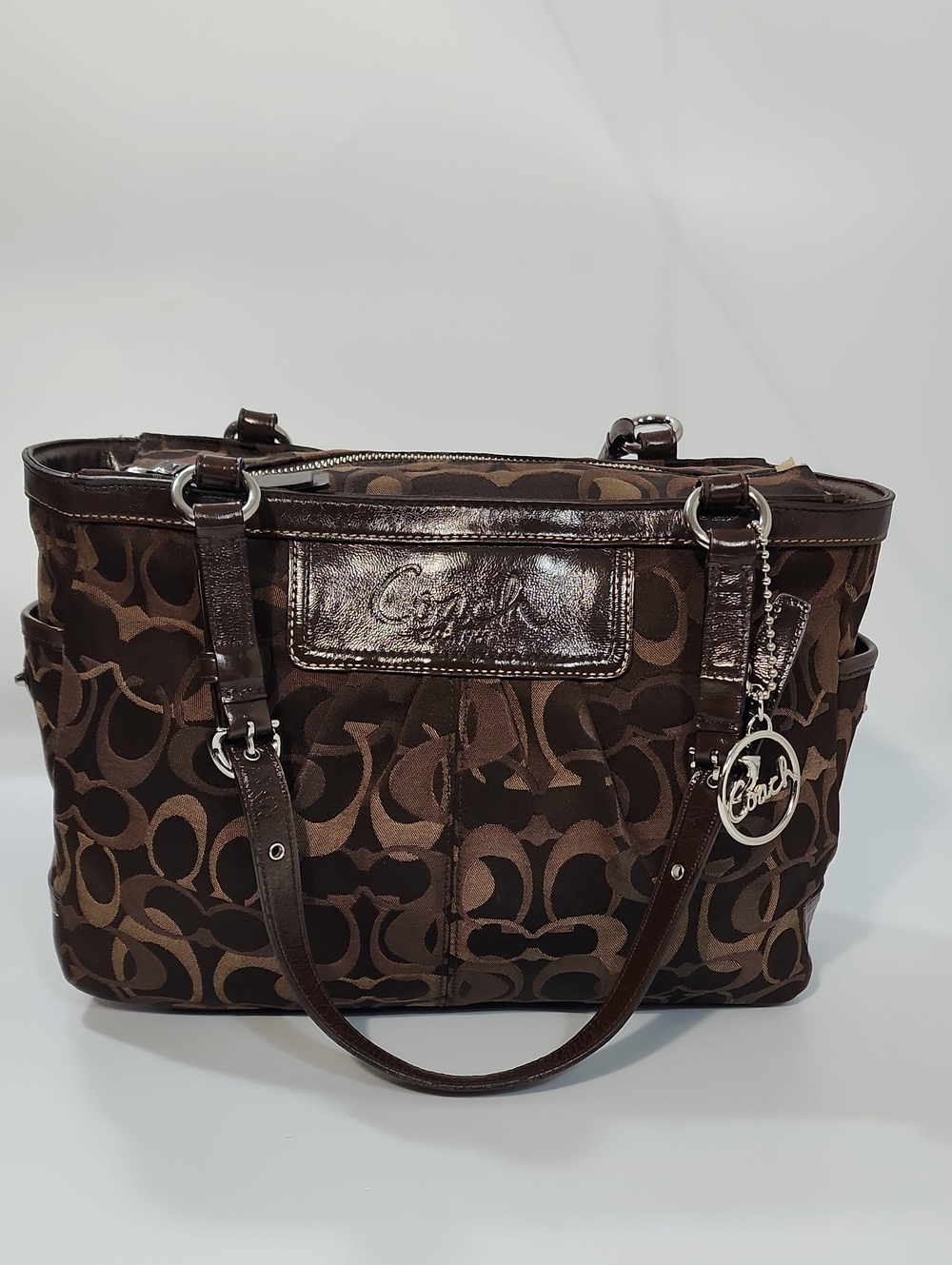 Coach Optic Mahogany Choco Brown Signature C Pleated Gallery Tote Bag Purse